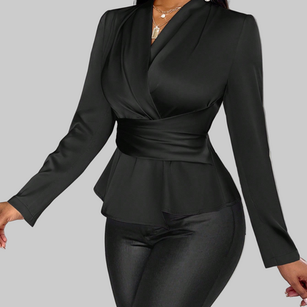Satin Blouse With Wrap Collar Peplum Top