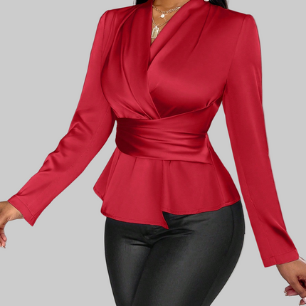 Satin Blouse With Wrap Collar Peplum Top