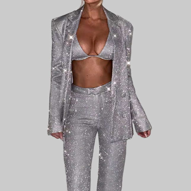 Shiny Blazer And Straight-leg Party Jacket Set