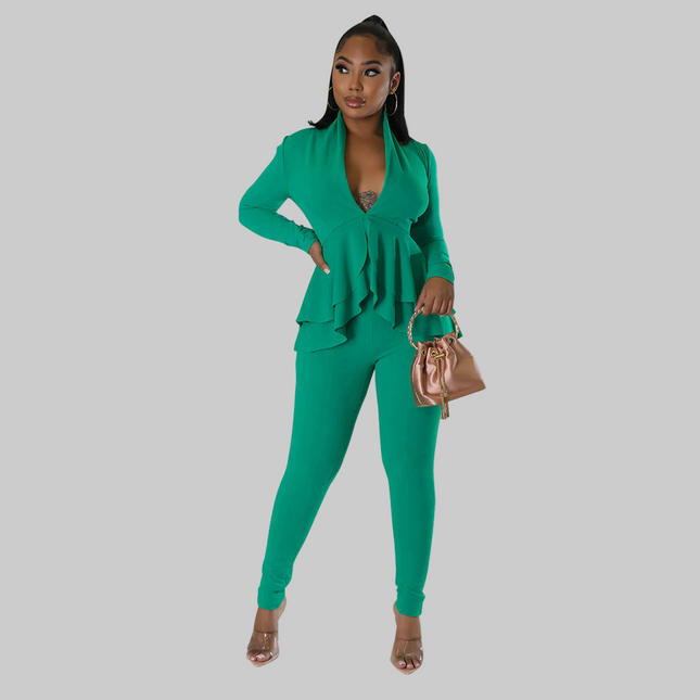 V-neck Flounce Long Sleeve Pencil Pants Suit
