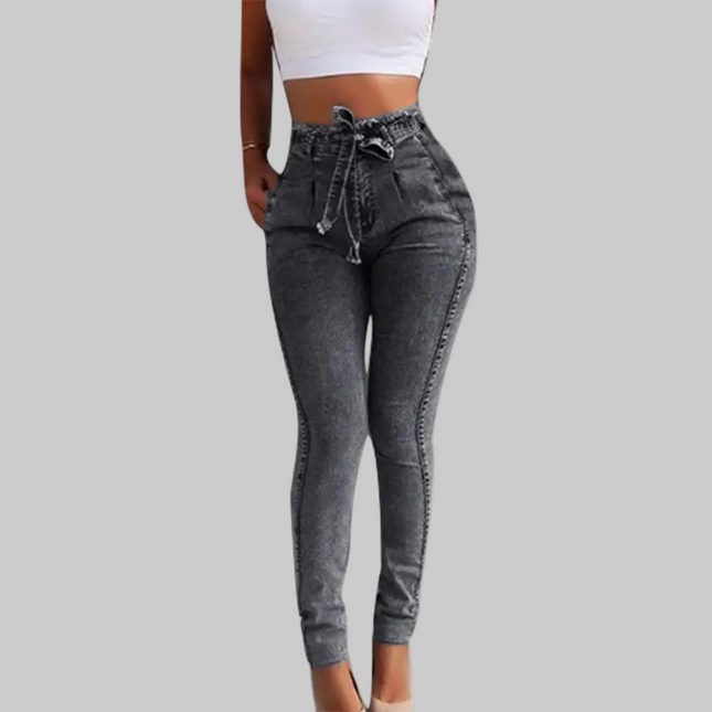 Jeans Woman Belted High Waist Skinny Denim Jeans Pants