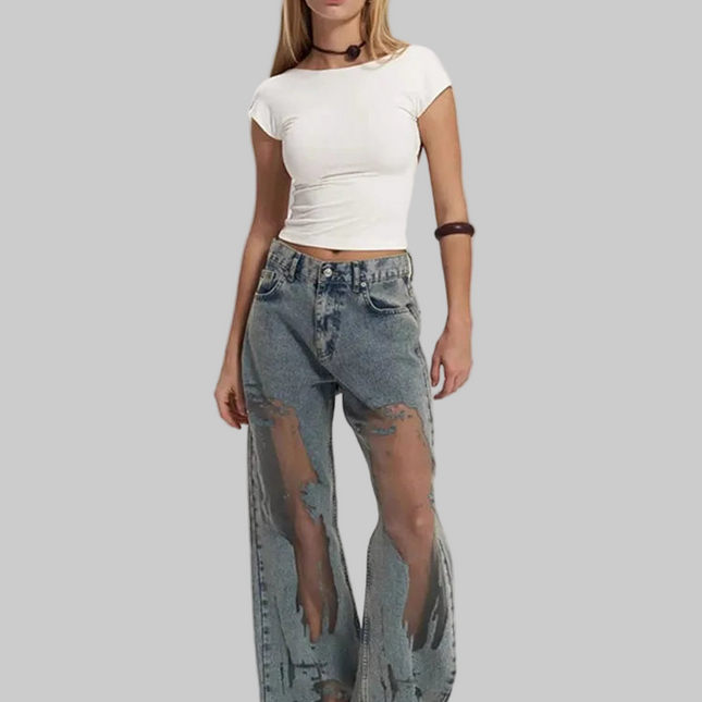 Women's Distressed Ripped Grunge Denim Jeans High Waist Straight