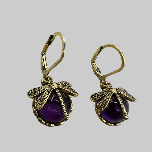 Vintage Metal Dragonfly Earrings Inky Blue Moonstone Brass Glass Cabochon Vintage Victorian Gifts for Women