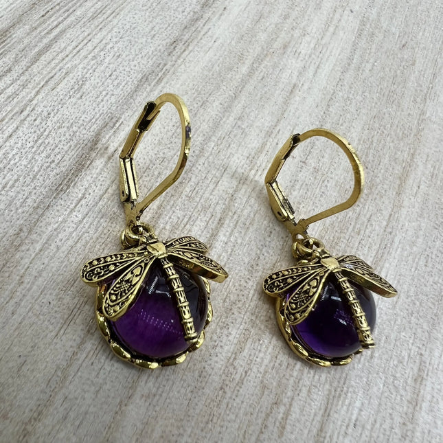 Vintage Metal Dragonfly Earrings Inky Blue Moonstone