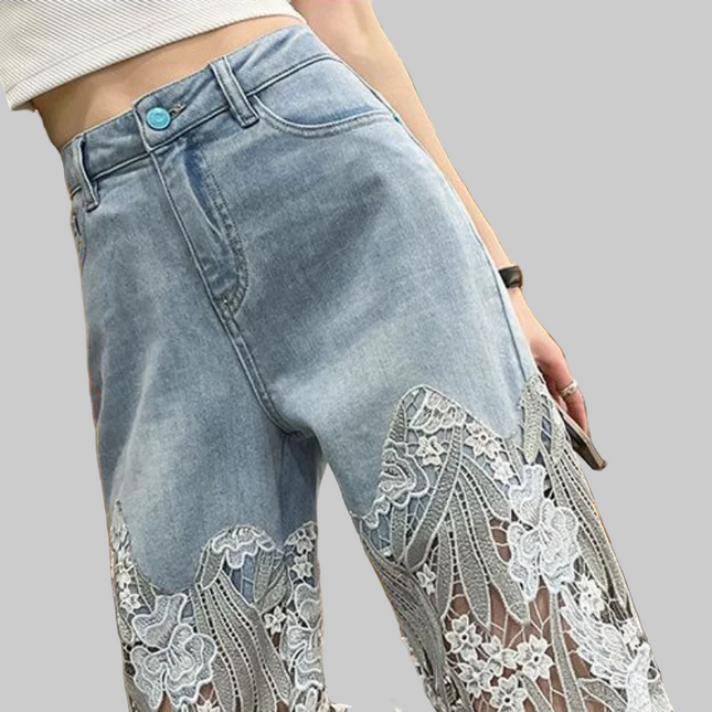 Transparent Women's Jeans Lace Grunge Y2k Spring Pant Vintage Trousers