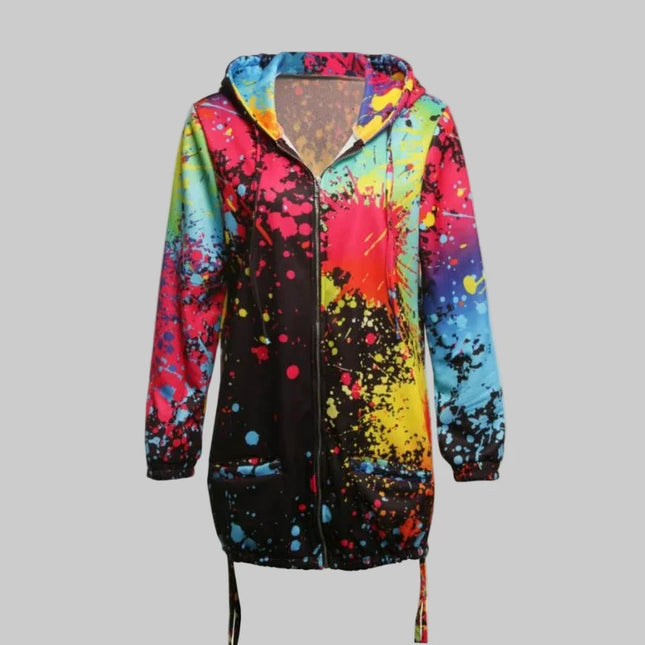Black Jackets Women Outerwear Coats 2025 Jackets Female Fashion Tie Dyeing Print Outwear Sweatshirt Hooded Zopper Coat harajuku