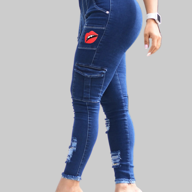 Blue or black Elastic Jeans With Waist And Hip Lift Tight Pants Lipstick Print