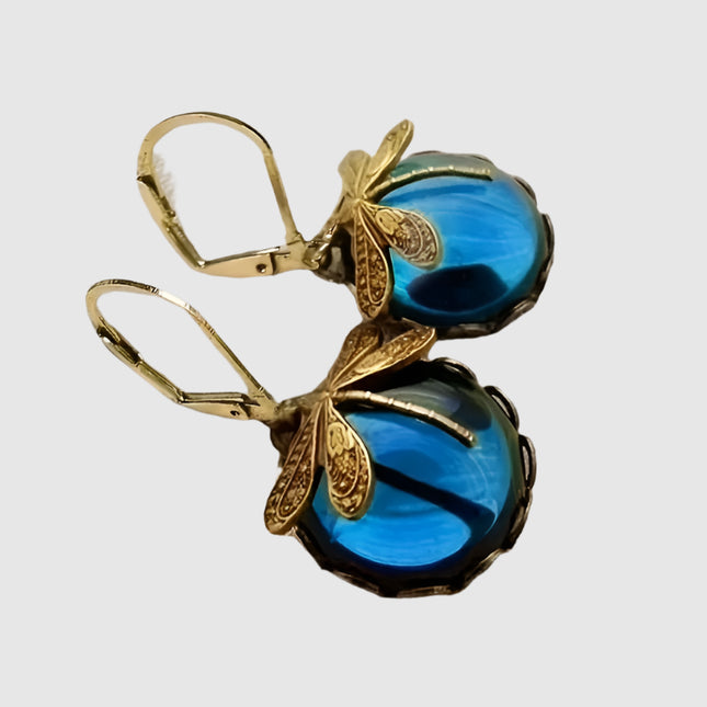 Vintage Metal Dragonfly Earrings Inky Blue Moonstone