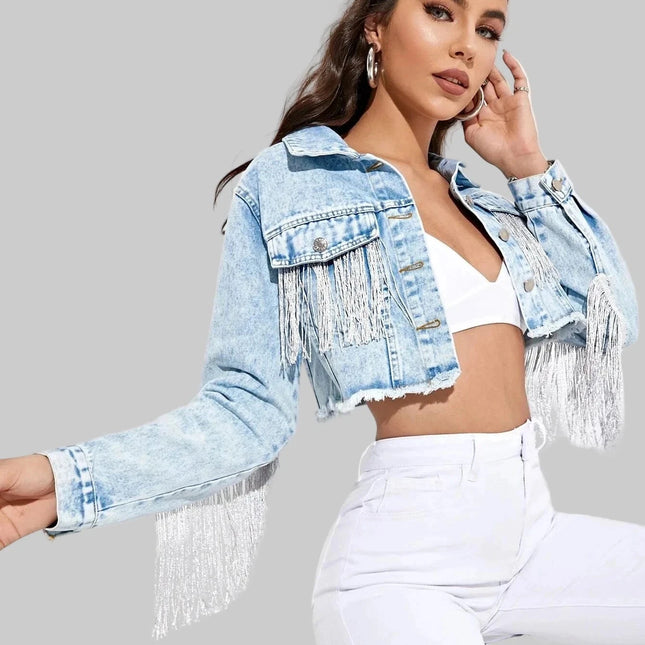 Dames Fringed Denim Jacket – Verkort Spijkerjack met Tassels en Ripped Details
