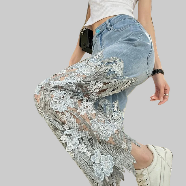 Transparent Women's Jeans Lace Grunge Y2k Spring Pant Vintage Trousers