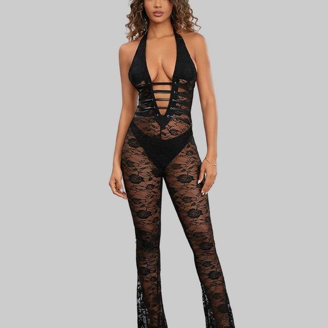 Sexy Mesh Deep V Bodycon Lace Jumpsuit Rompers Women Summer Party Club Outfits Flare Pant