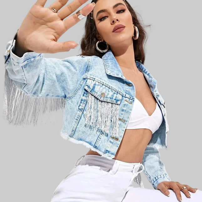 Dames Fringed Denim Jacket – Verkort Spijkerjack met Tassels en Ripped Details