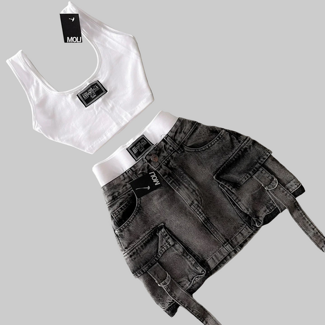 Straps Casual Versatile Multiple Pockets Denim Skirt Dress Sets Goth Fashion Strap Streetwear