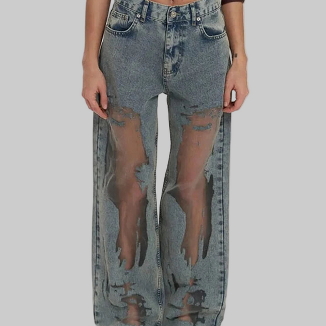 Women's Distressed Ripped Grunge Denim Jeans High Waist Straight