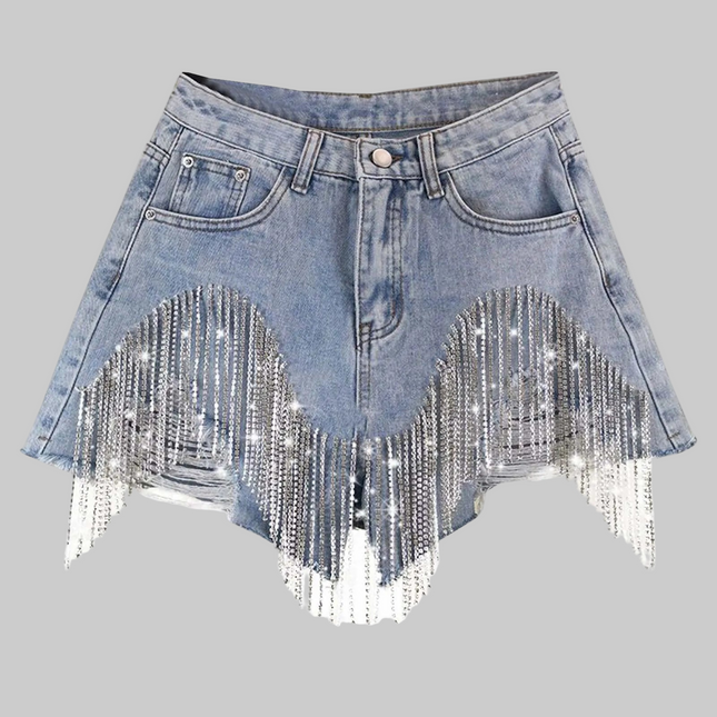 Diamonds Tassels Ripped Jeans Shorts Women's Fashion High Waist Irregular Streetwear