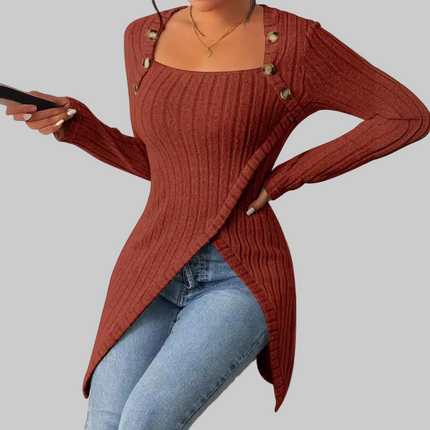 Top With Button Design Long-sleeved Long Top For Women