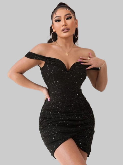 Sexy v-neck one-shoulder dress celebrity party high-end slit hot girl bag hip